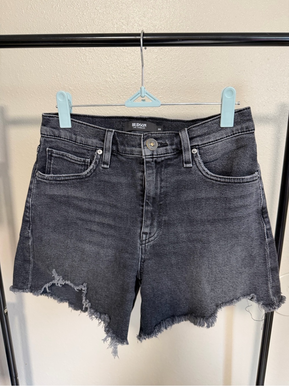 Hudson Jeans Black Distressed High-Rise Denim Shorts
